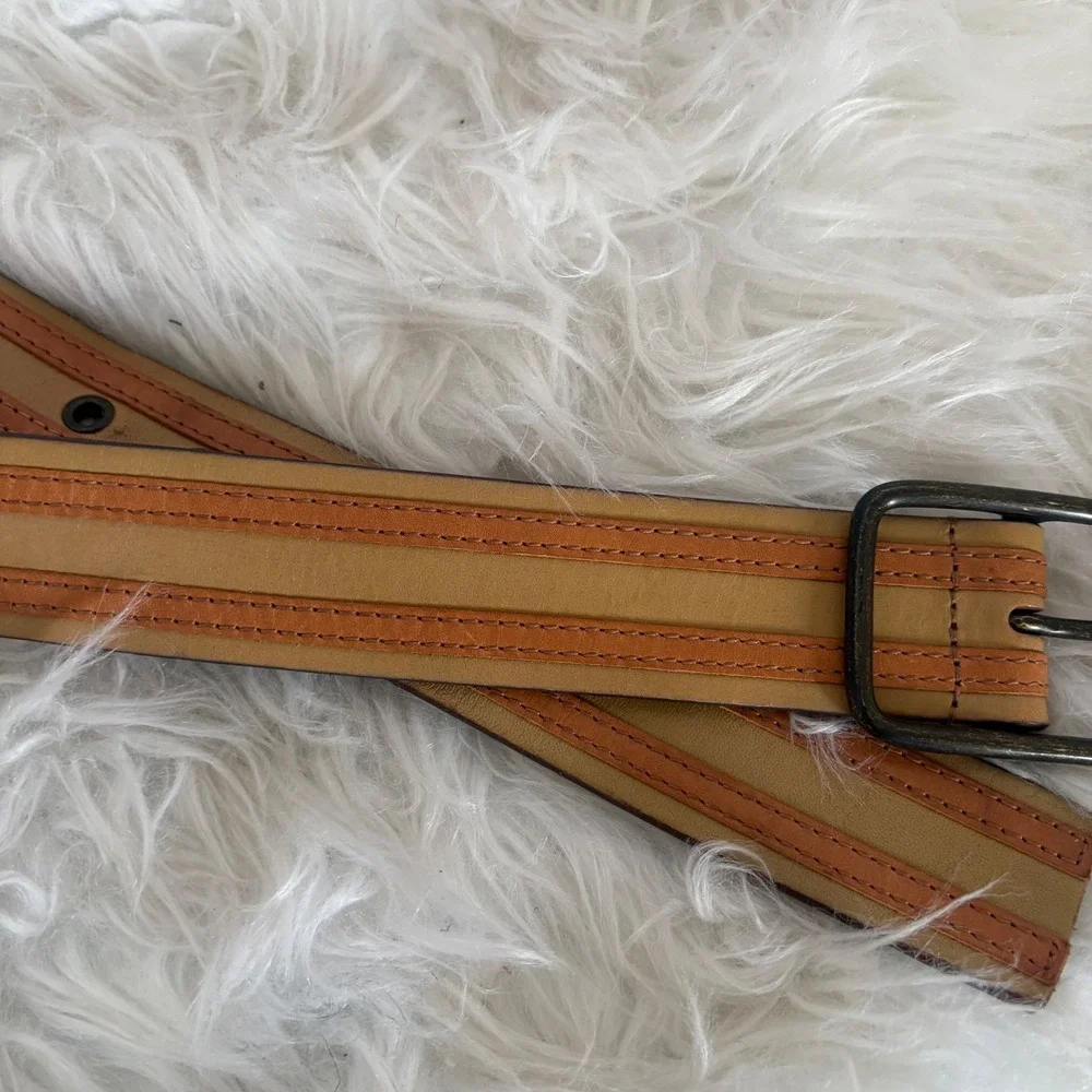 Linea‎ Pelle 230800 Tan Brown Striped Leather Belt Size 34 Antique Brass Buckle